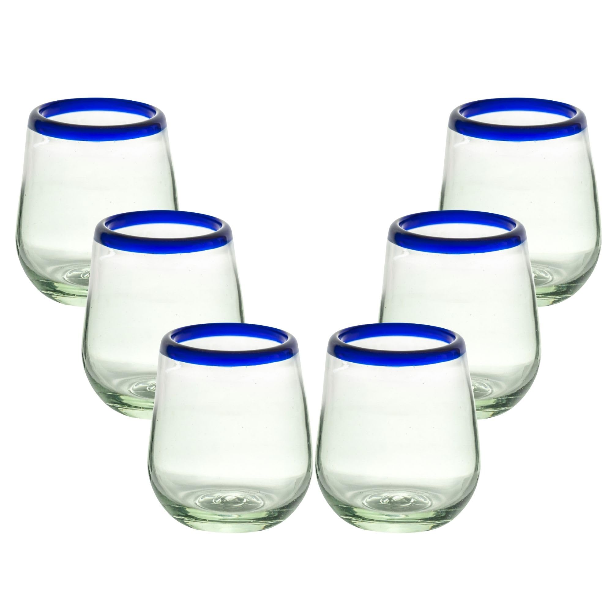 Photo 1 of Recreado Cobalt Blue Rim Hand Blown Stemless Wine Glasses, Set of 6, 16 oz