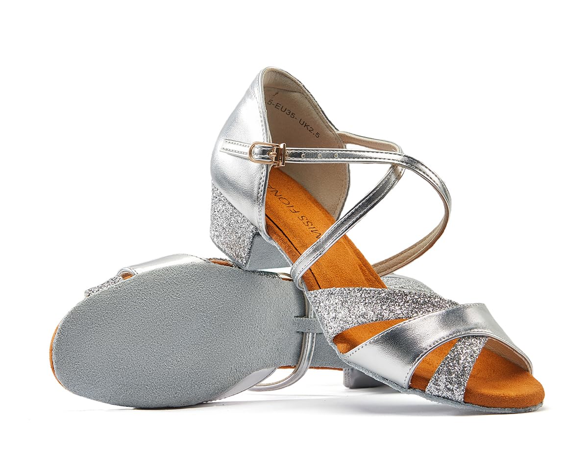 missfiona Scarpe da Ballo Latino per Ragazze e Donna, Scarpe da Danza per Bambini Glitterata con Tacco Basso