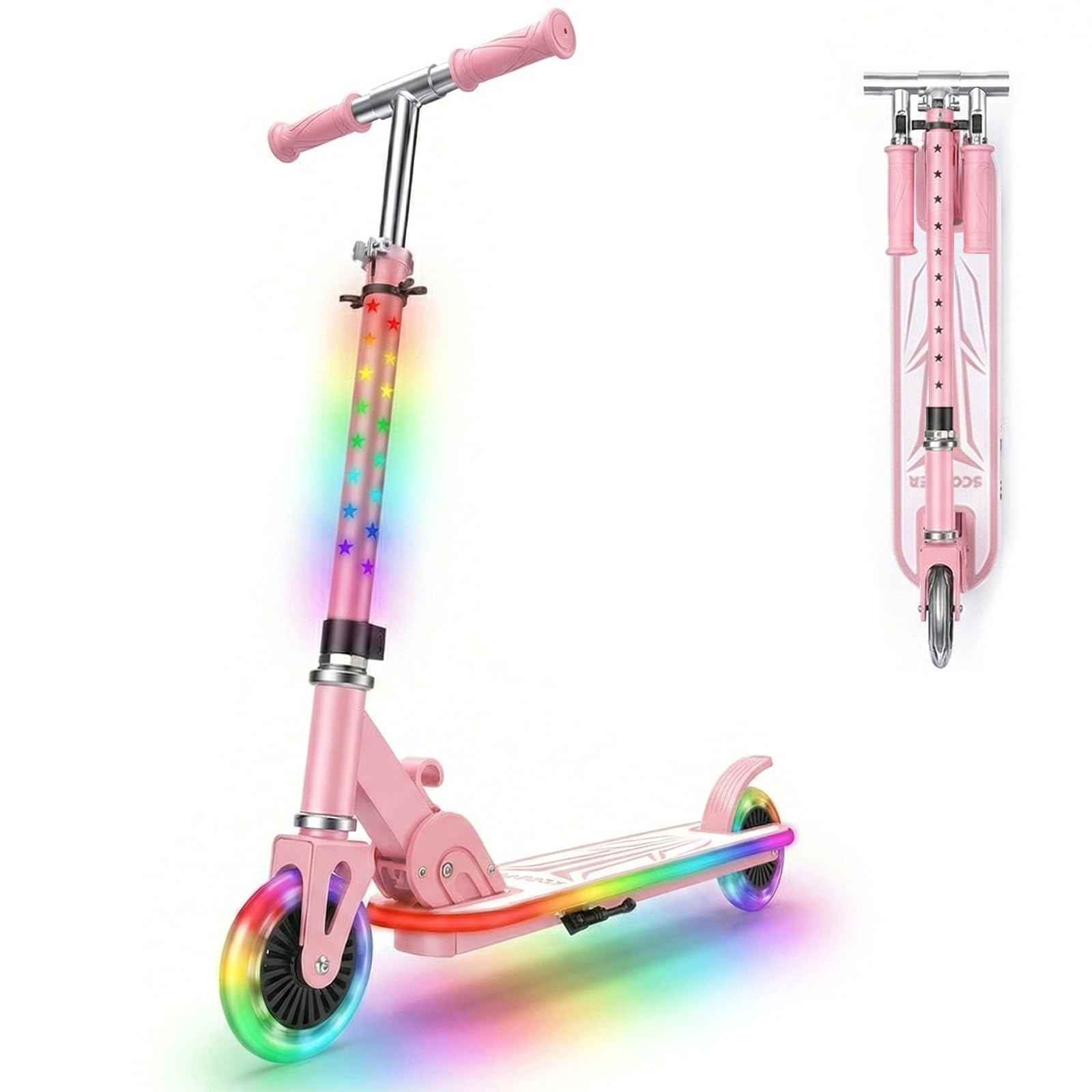 Kynorva Kids Scooter Ages 3-10, One-click Folding with 4 Height Adjustable Handlebar and Rear Brake, No Installation Required, Light Up Wide Deck Scooter for Boys & Girls (Pink)