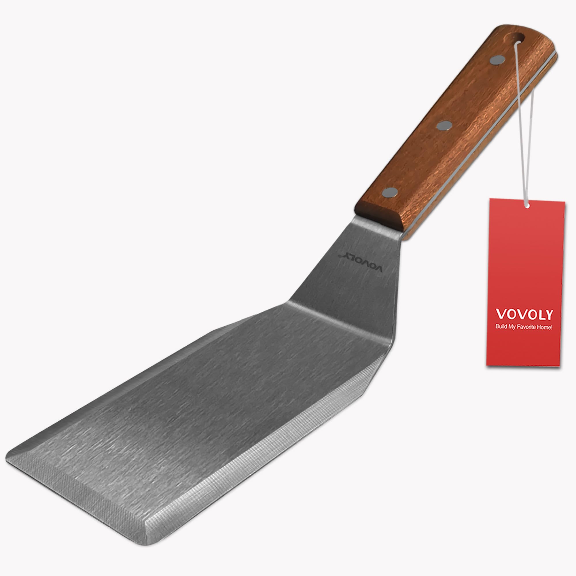 Professional Metal Spatula for Cast Iron Skillets and Flat Top Grills, Full Tang Wooden Handle