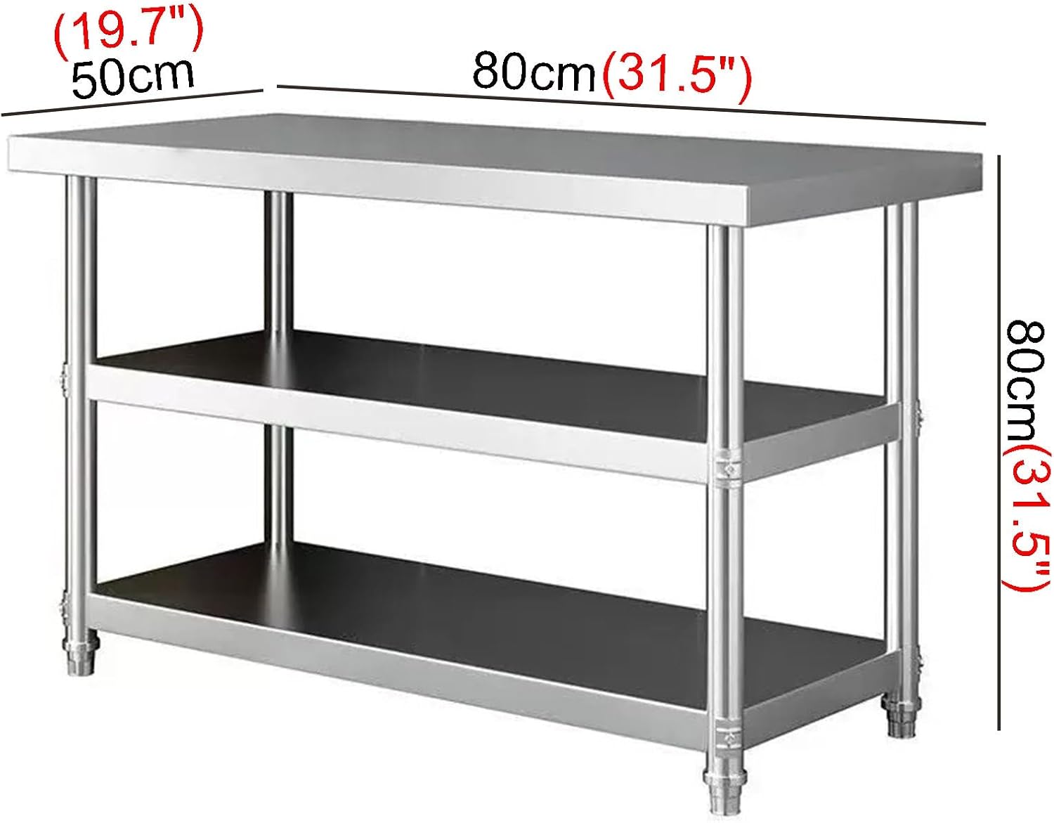 Freestanding Work Table Commercial Kitchen Work Table Stainless Steel Three-tier Work Table Rotatable Adjustable Feet Open Shelves Kitchen Preparation Counter Metal Table(80x50x80cm/31.5x19.7x31.5")