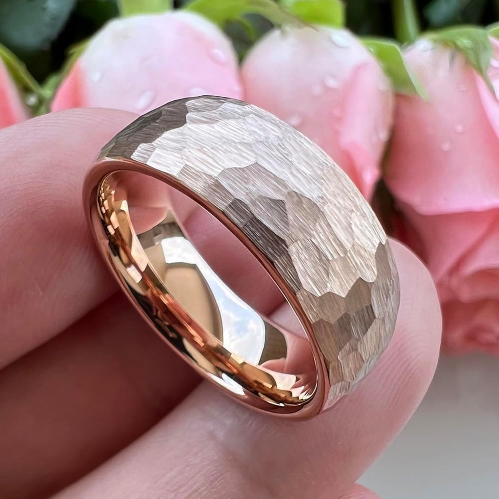 TUTISS 6mm 8mm Silver/Black/Gold/Rose Gold Hammered Tungsten Rings for Men Women Couple Fashion Jewelry Engagement Wedding Bands Domed Matte Finish Comfort Fit