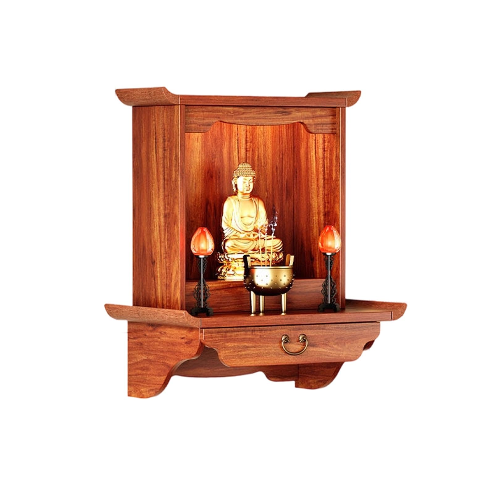 JNTFNE Wall-Mounted Buddhist Altar Shelf, Wood Buddha Cabinet, and God of Wealth Worship Table with Pull-Out Tray for Home Prayer(68cm/26.7in)
