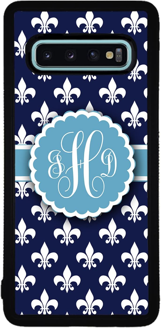 French Fleur De Lis Blue Personalized Black Rubber Phone Case Compatible With Samsung Galaxy S25 S25FE S25+ S25 Ultra S24 S24+ S24 Ultra S24FE, S23 FE S23+ Ultra S22 S22+