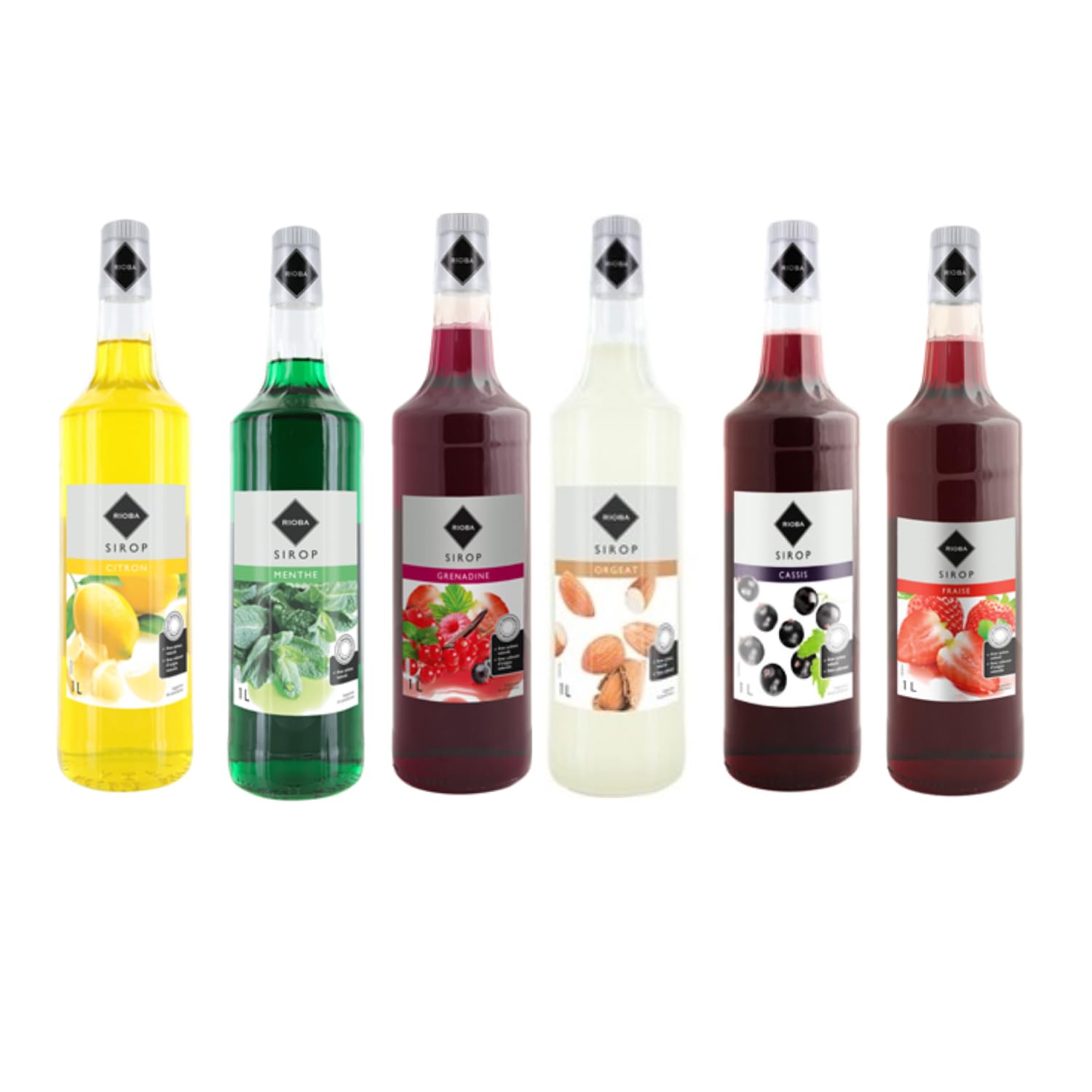 Lot sirops incontournables Rioba - Citron, Menthe, Grenadine, Orgeat, Cassis, Fraise - 6x1L
