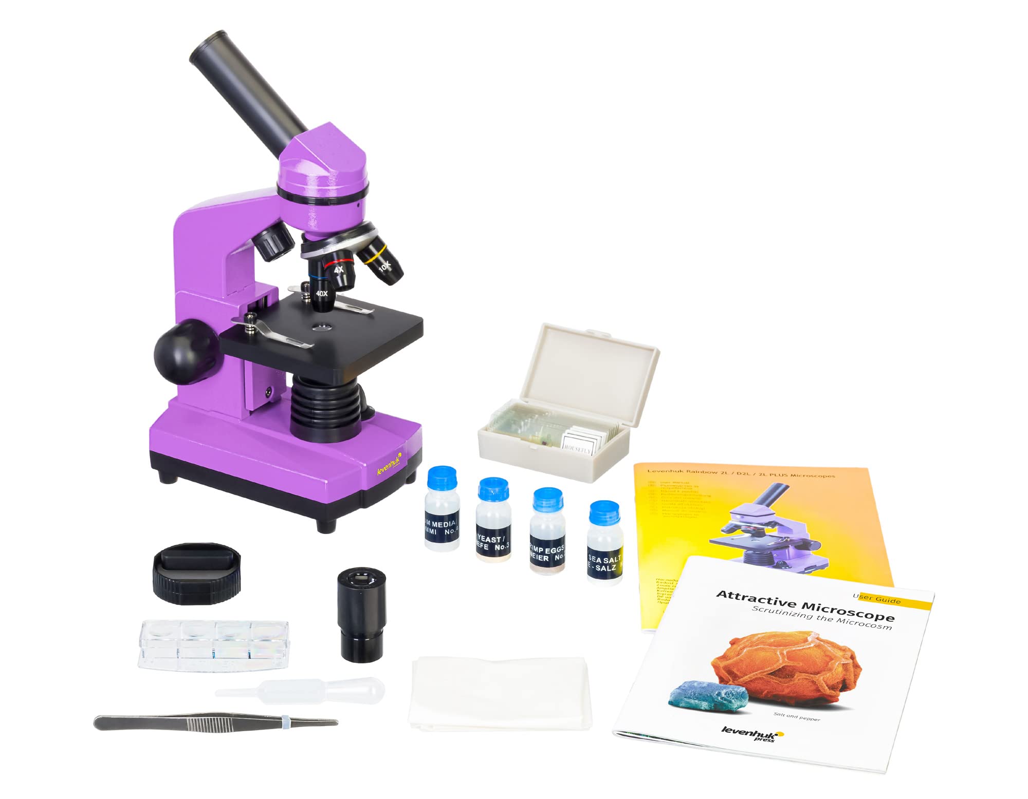 Levenhuk Rainbow 2L Amethyst Kit Stem de Laboratorio Doméstico para Niños con Microscopio Biológico Portátil de 400x, Guía de Experimentos Ilustrada, Muestras Preparadas y Herramientas Científicas