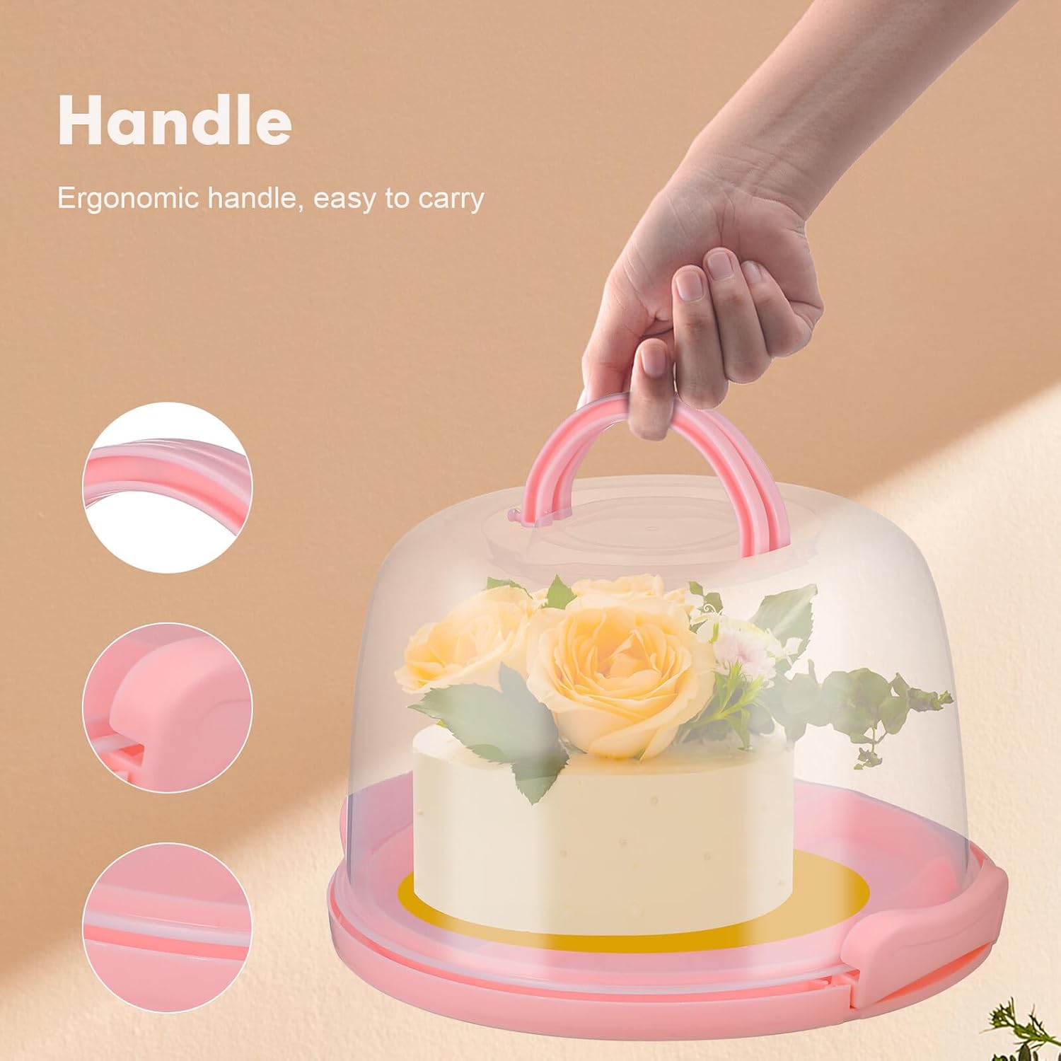 Gadpiparty Portable Cake Carrier with Lid and Lock Buckles Reusable Pink Cake Keeper Made of PP Plastic Non-slip Base Cupcake Container for Secure Transport of Cookies Pies and Desserts