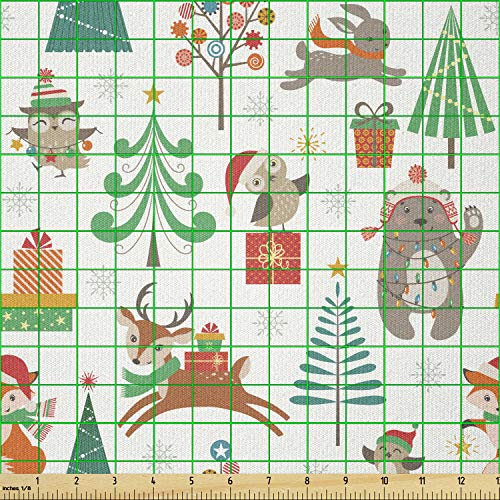 Image of Ambesonne Christmas Fabric by The Yard, Theme Xmas Cartoon Pattern Bear Deer Owl Birds Tree Snowflakes Image, Stretch Knit Fabric for Clothing Sewing and Arts Crafts, 1 Yard, Red Brown