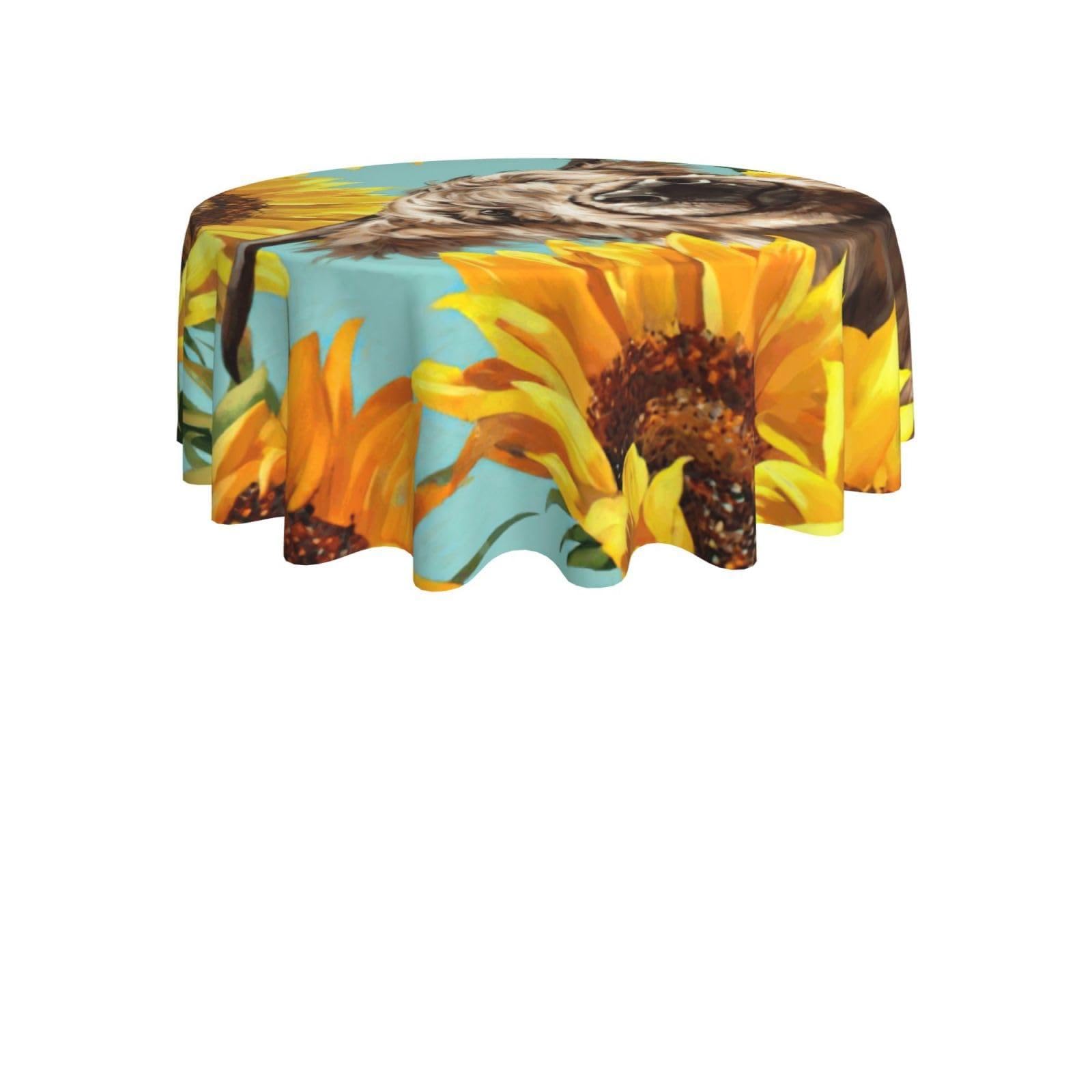 ENGhjes Cow with Sunflowers in Blue Print Round Tablecloth 60in Washable Stainproof Polyester Cloth for Kitchen Idea