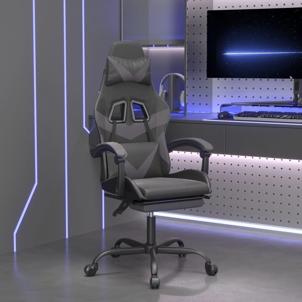 Gaming-Stuhl mit Fußstütze Schwarz Grau Kunstleder Ergonomisch Drehbar Höhe verstellbar mit Wippfunktion für Homeoffice Jugend PC Esport Komfortabel