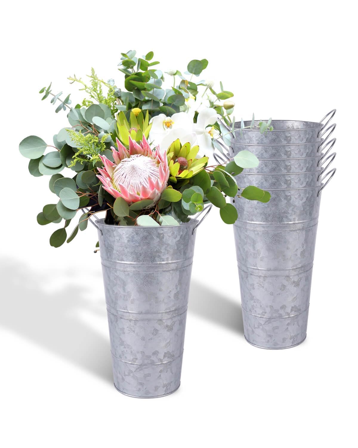 12 Inch Galvanized Metal Vases with Handles - 6 Pcs Farmhouse Decorative Metal Container for Flowers, Rustic Metal Bucket Planters for Wedding Decor (Silver)