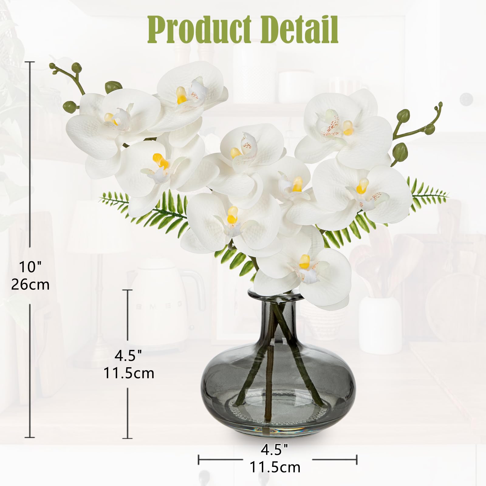 Briful 26CM Artificial Orchids in Dimgray Glass Vase, 10" White Orchids Fake Flowers in Faux Water - Image 3