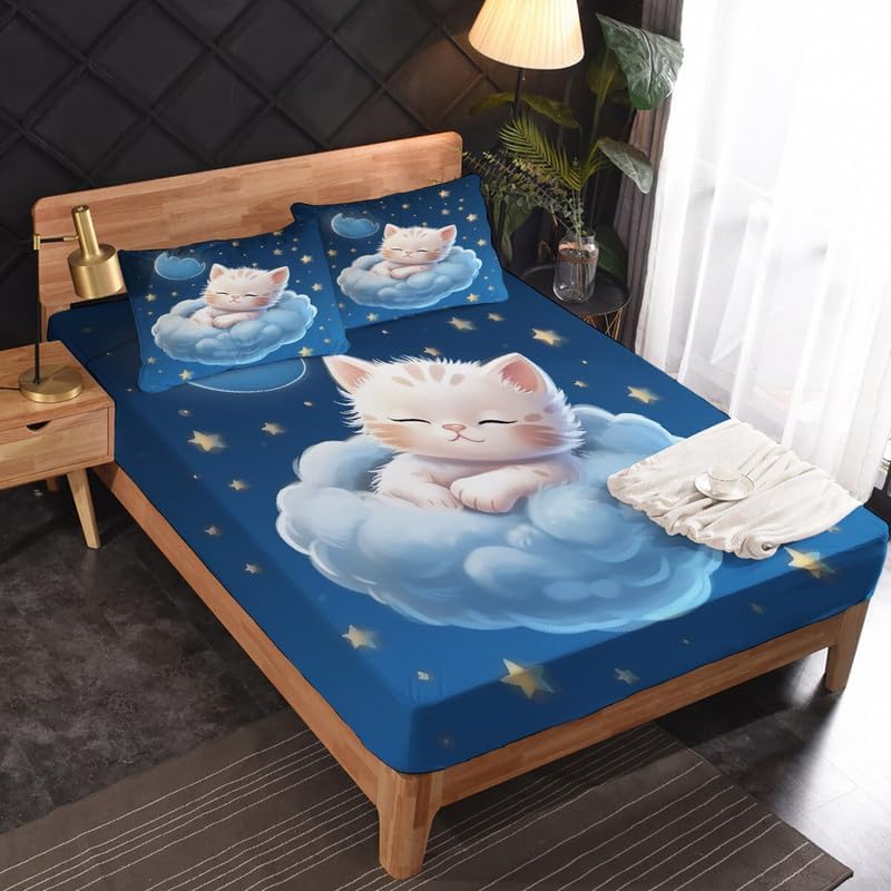 Miniatura 2 de Juego de sábanas tamaño individual bonitas sábanas de cama con diseño de gato kawaii, sábanas y fundas de almohada de gatito, microfibra suave,