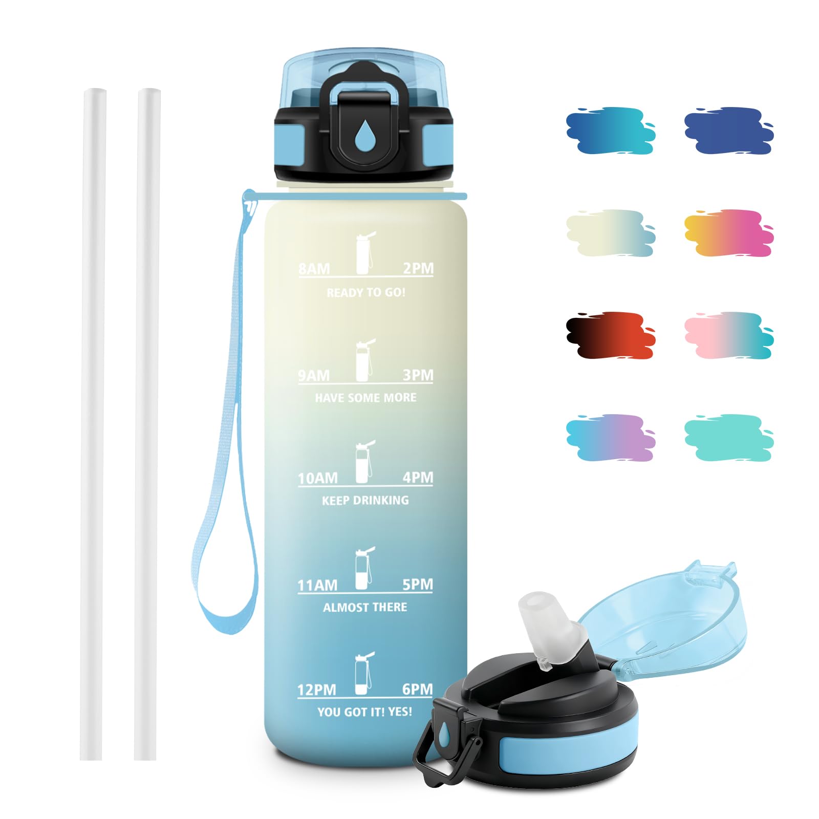 JAPORIA 1L Reusable Water Bottle with Straw Gym Water Bottle with Time Marker, BPA-Free Leak-Proof Bottle for Camping Students Office