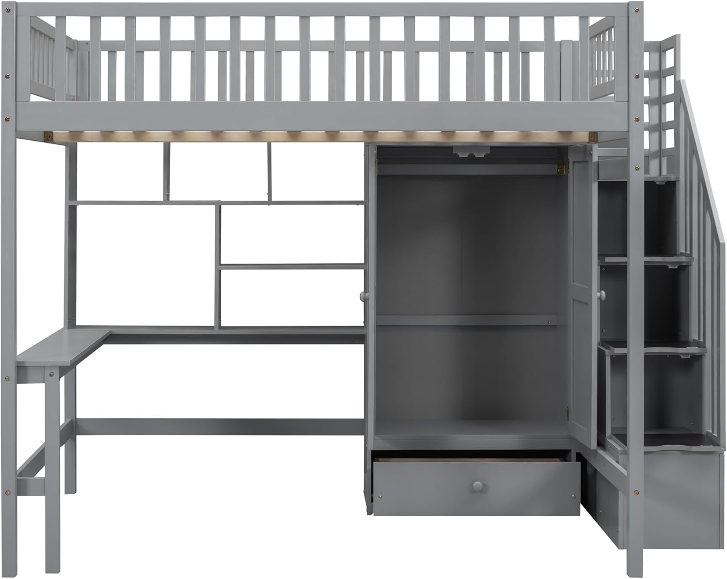 Full Size Multifunctional Loft Bed with Wardrobe,Desk,Bookshelf and Drawers,Wood Loft Bed with Stairway for Kids, Teens, No Box Spring Needed (Grey#Stairway, Full)