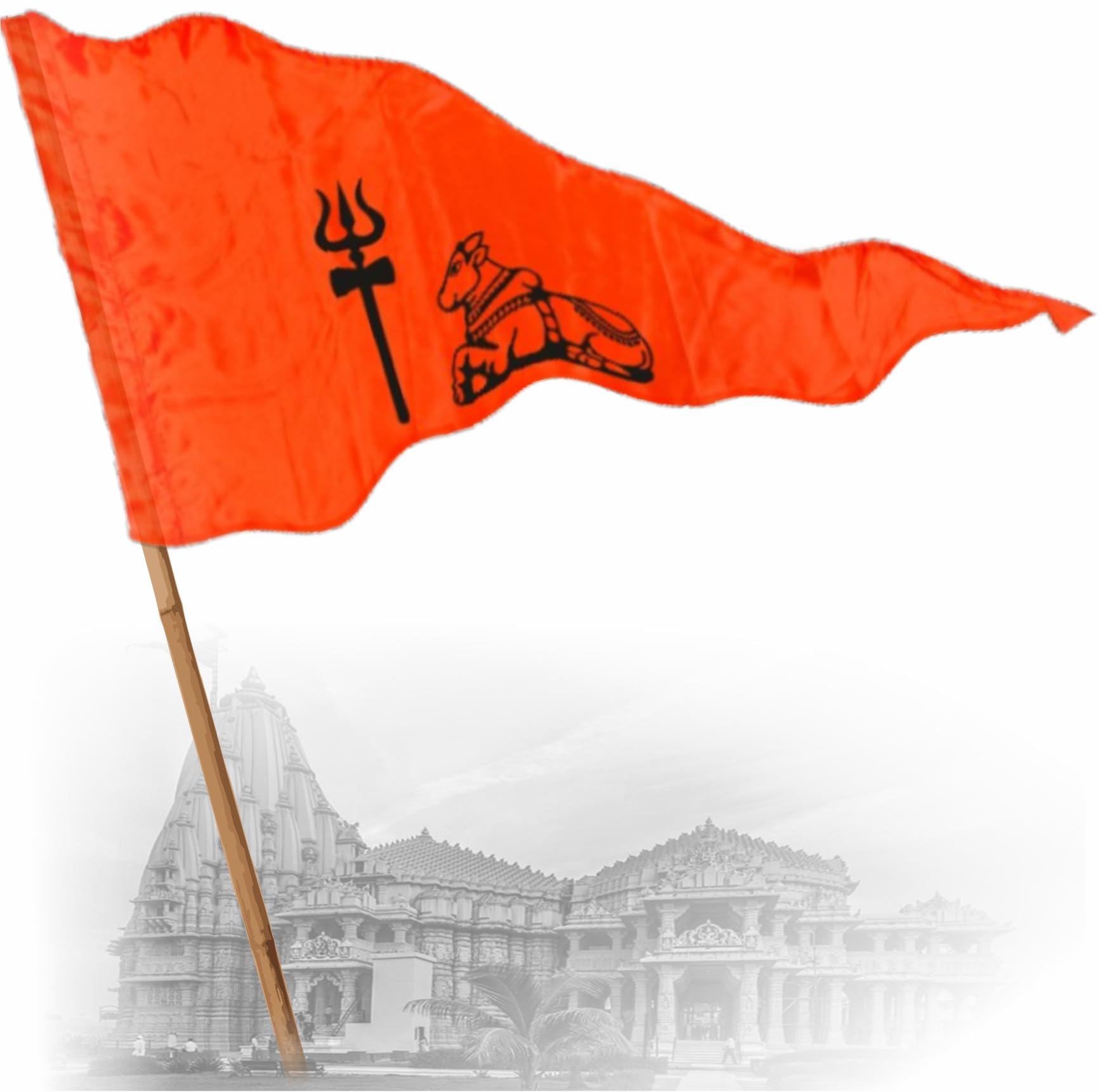 La Jarden® LARGE Satin Silk 36x54 inchs Shivaji Trishul & Nandi Maharaj Printed Saffron Jhanda/Dhwaj | Traditional Fluorescent Orange Flag For Home Mahadev Mandir/Temple & Mahashivratri Festival | Somnath flag | Pack of 1