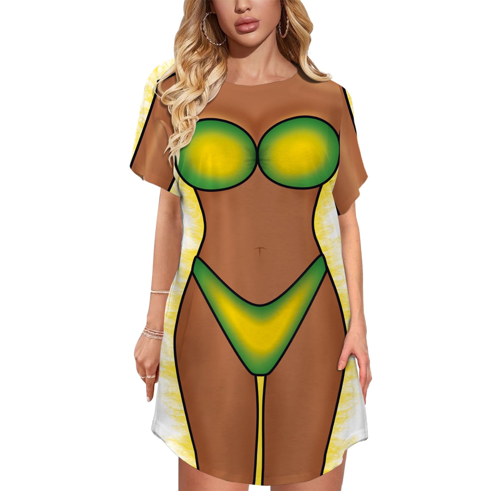 Womens Funny Bikini Beach Cover Up Shirt Cute Short Sleeve Baggy Body Print Swimsuit Cover-Up T Shirt Dress