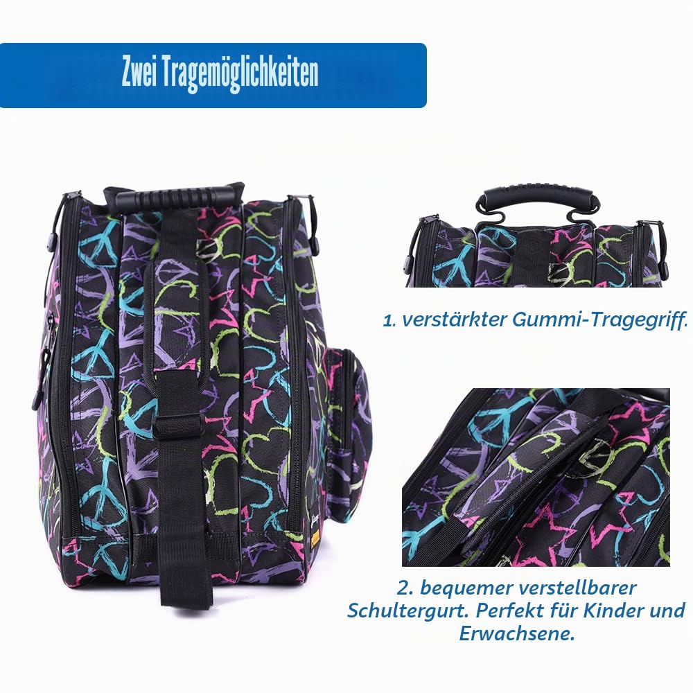 Holisogn EIS-, Figuren-, Inline- und Rollschuh-Taschen, hochwertige und modische Taschen für Kinder, Jugendliche, Erwachsene in Allen Größen (Peace & Love), Schwarz HLS002