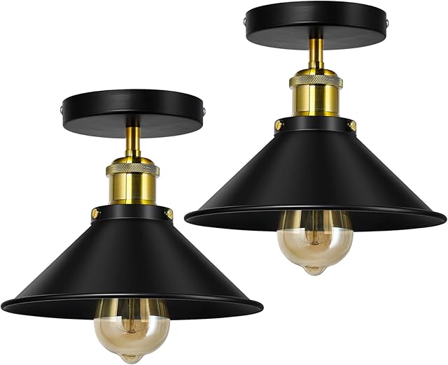 Vintage Ceiling Lights for Living Room Black Metal Industrial Ceiling Light Fixture E27 for Kitchen Bedroom, 2 Pack