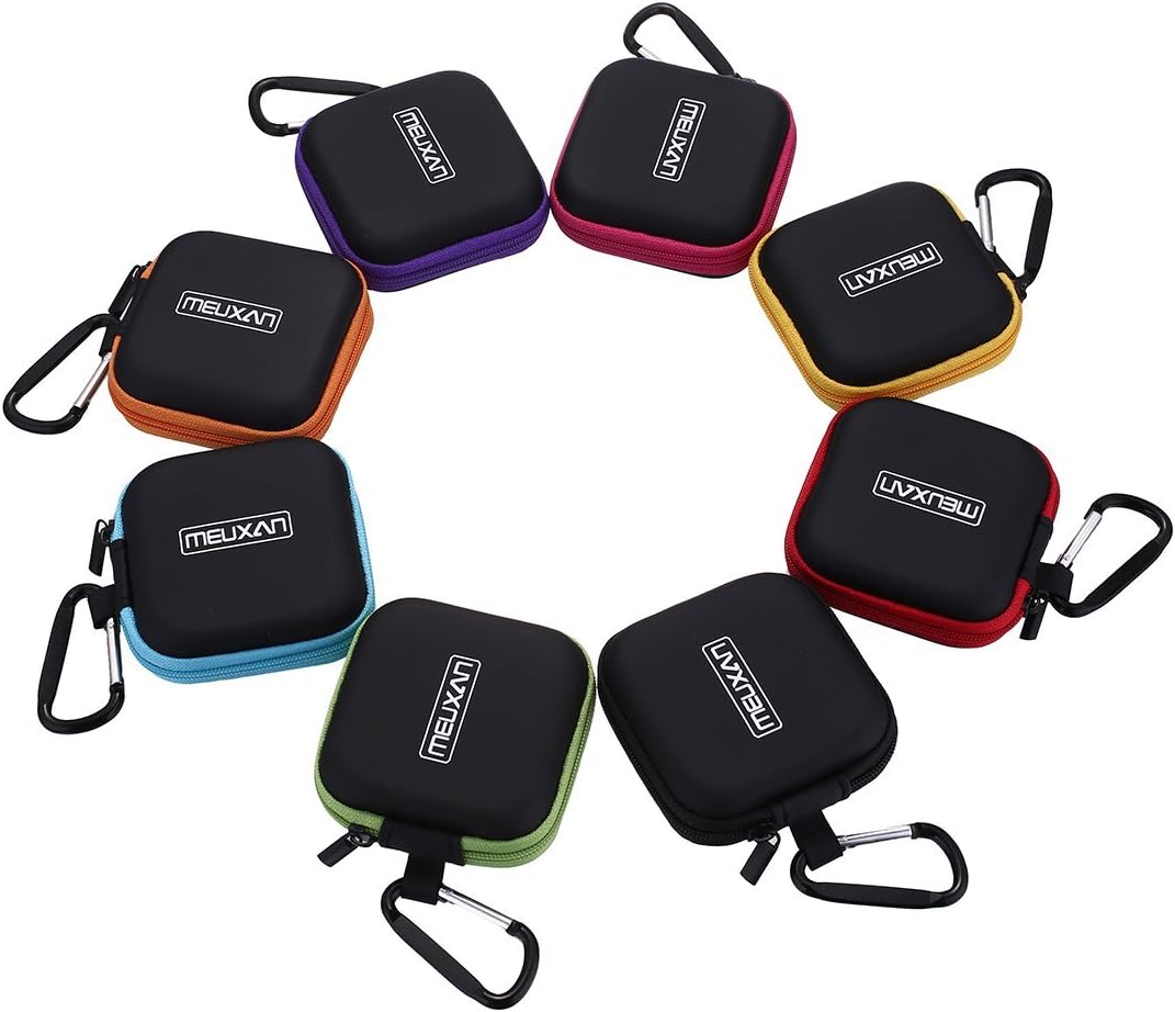 Meuxan 8-Pack Earbud Case Mini Storage Carrying Pouch with Carabiner for Earphone Headphone USB Cable Flash Drive, 8 Colors