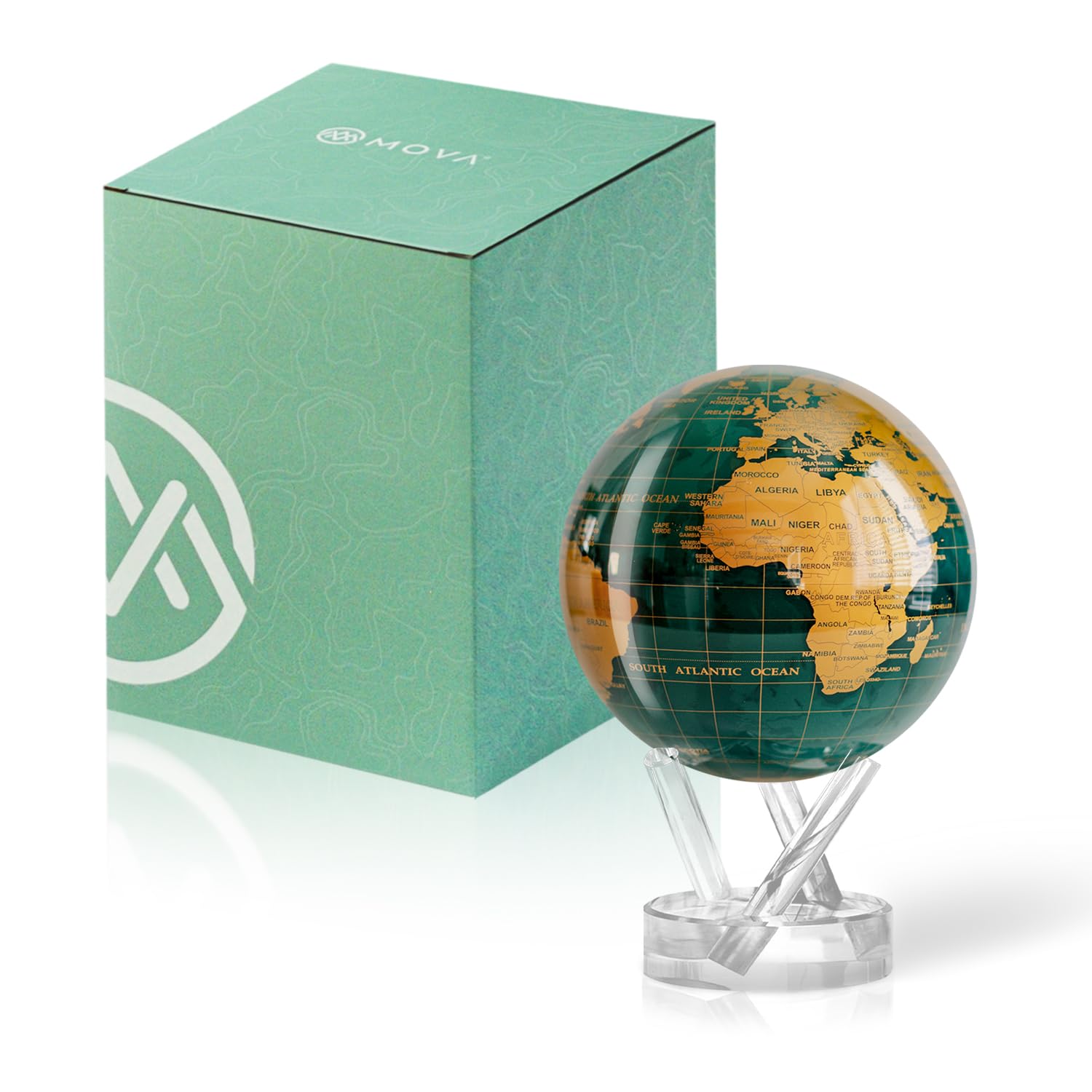 – MOVA Globe Green and Gold 4.5" with Base, Solar Powered Rotating Globe No Need of Battery or Chord, Unique Gift and Decoration