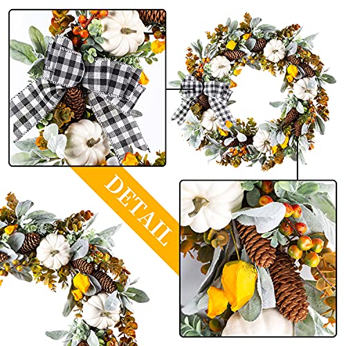 Wanna-Cul 24 Inch Farmhouse Fall Wreath Decor For Front Door With White Pumpkin,Cotton,Lamb's Ear And Eucalyptus Leaves,Harvest Door Wreath For Fall And Thanksgiving Decorations #TOP4