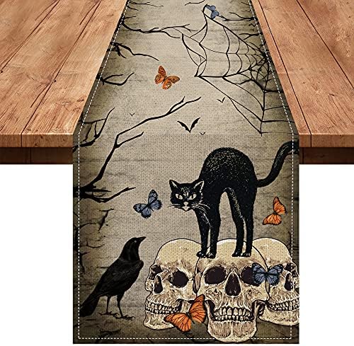 pinata Halloween Table Runner 72 Inches Long, Black Cat Skeleton Burlap Halloween Table Decor, Gray Black Table Runner, Vintage Cool Skull Crow Raven Halloween Decor for Kitchen Indoor Home Party Room