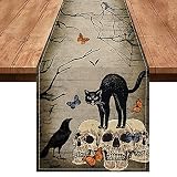pinata Halloween Table Runner 72 Inches Long, Black Cat Skeleton Burlap Halloween Table Decor, Gray