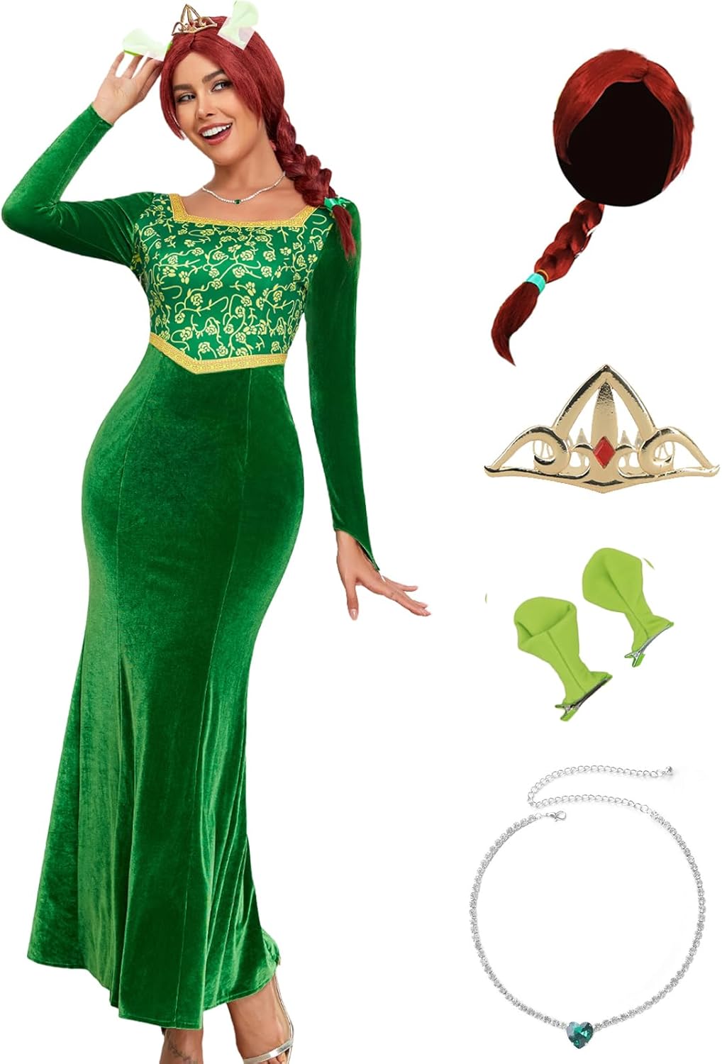 PAINEOMN Princess Costume for Women Princess Dress Adult Long Sleeves Green Dress Gown Dress Halloween Cosplay Party Outfit