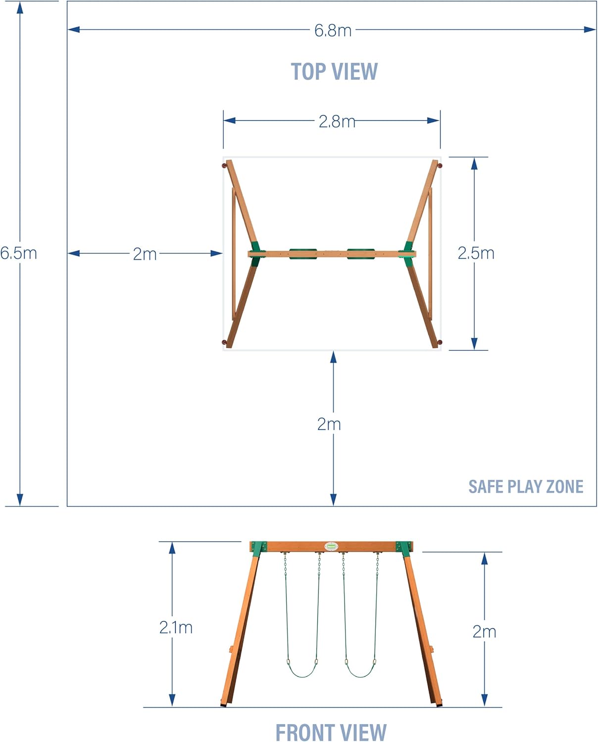 Diagram showing top and front view with dimensions and safe play zone for the swing set