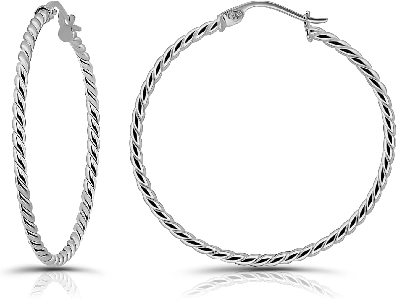 Hoops & Loops 925 Sterling Silver Twist Rope Round Hoop Earrings for Women, 15mm 20mm 25mm 30mm 35mm Silver, Yellow Gold, Rose Gold