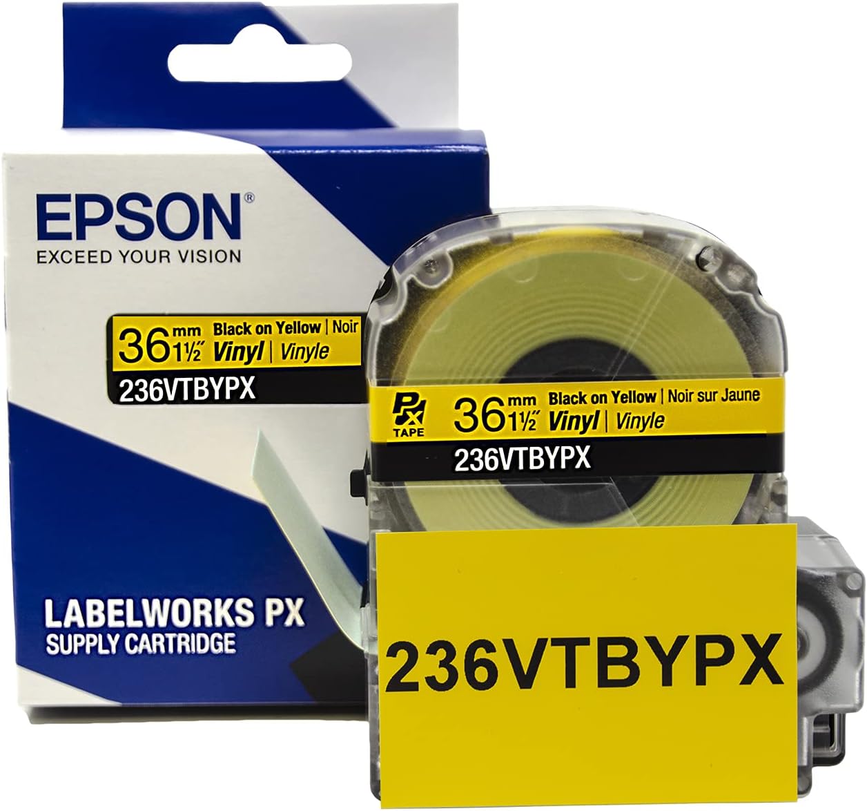 LABELWORKS 236VTBYPX Tape Cartridge - Black on Yellow Flexible and Durable Vinyl Industrial Label Maker Tape - 1.5" (36MM) Wide, 22.9 ft