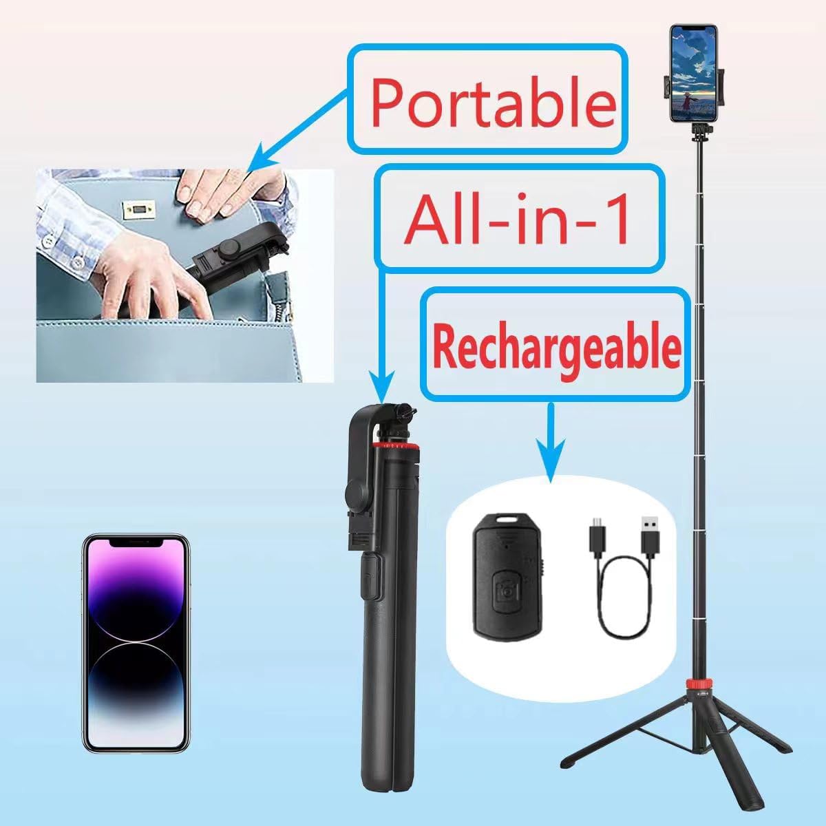 66" Tripod for iPhone & Camera, Portable Phone Tripod with Rechargeable Remote Control and Rotate Phone Stand, Selfie Stick for iPhone/Gopro and Cameras (red, 66 in)