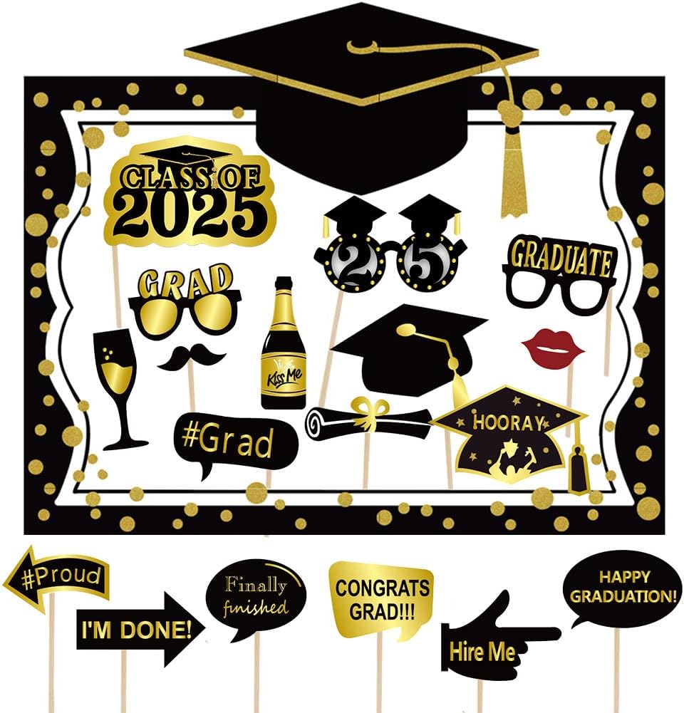 Seasons Stars SSDecor 2024 Graduation Selfie Photo Booth Frame Black and Gold with 18Pcs Graduation Photo Booth Props, Upgraded Version with Support Cardboard, 2024 Grad Party Pose Sign