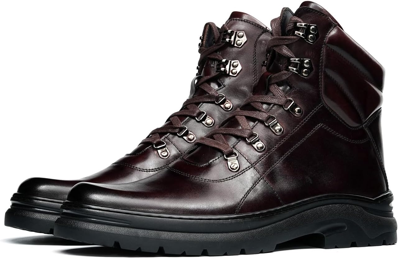 Santimon Men’s Genunie Leather Oxfords Boots – Lace-Up Winter Ankle Boots with Side Zipper, Cushioned Collar, Durable Casual Fashion Boots for Wedding, Party & Business