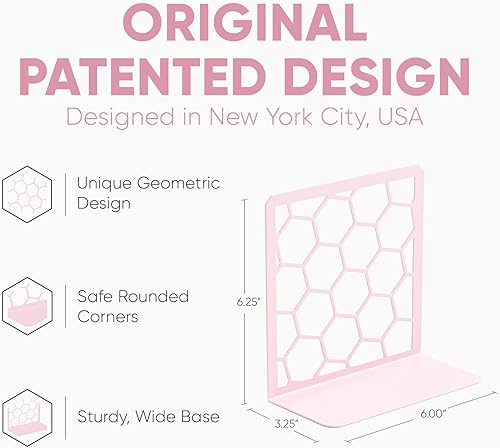 Vista 29 de GEOMOD Sujetalibros geométricos de metal amarillo de panal decorativos, extremos altos y resistentes para estantes, moderno y resistente, soporte