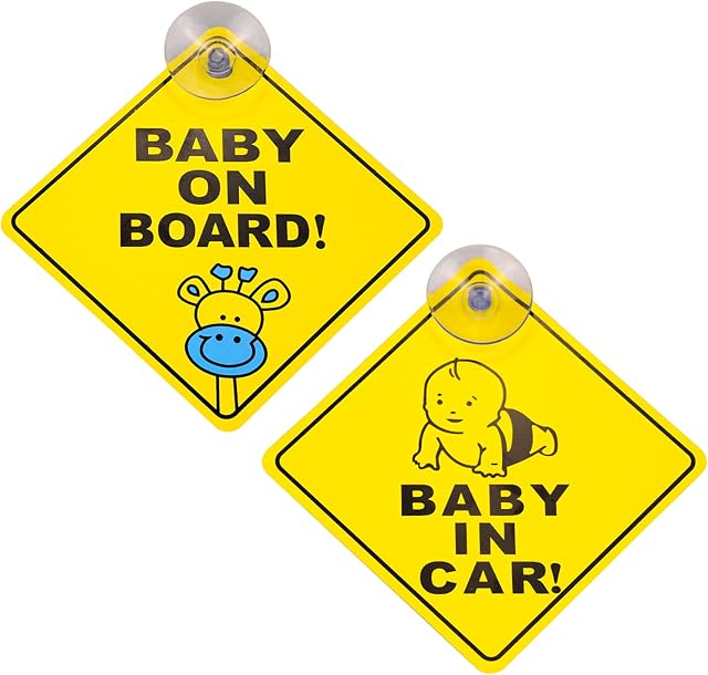 Eruinfang 2 Pcs Baby on Board Sign for Car Children on Board Car Warning Removable Newborn Kids Driving Safety Sticker Baby in Car Safty Warning Sticker with Suction Cups, Yellow, 12.5cm x 12.5cm