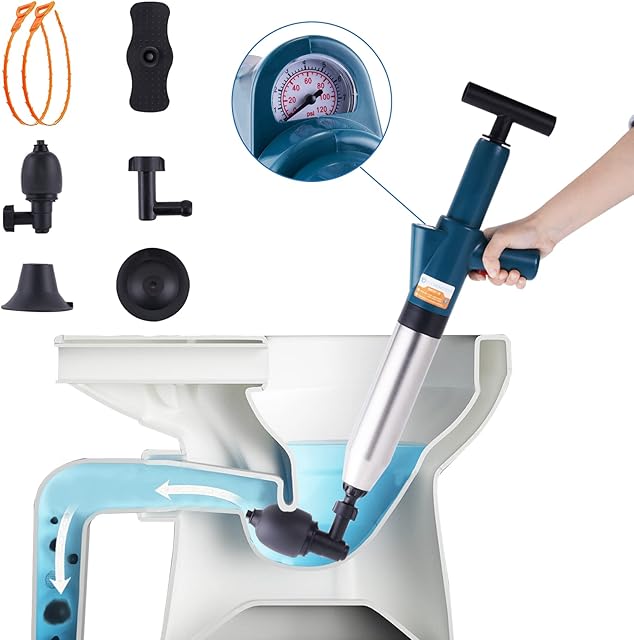 Air Toilet Plunger High Pressure Toilet Plunger with 2 Drain Hair Cleaner Tools and 4 Replaceable Heads Air Drain Blaster Gun High Pressure Drain Plunger for Unclogging Toilet Sink Sewer Pipe Clog