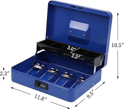 Miniatura 2 de xydled Caja de metal para efectivo, caja de efectivo con bandeja de dinero y cerradura de combinación, caja de almacenamiento, azul, 4 ranuras para