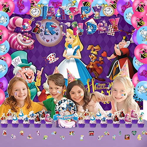 Alice In Wonderland Party Decorations Birthday Party Supplies Includes Happy Birthday Banner, Cake Topper,Cupcake Topper,Backdrop,Sticker, Latex Balloons For Boys Girls Birthday Party Gift. #TOP4