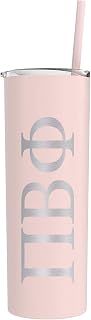 Pi Beta Phi Greek Letter Skinny Tumbler with Straw, Stainless Steel 20 oz Capacity (Matte Blush)