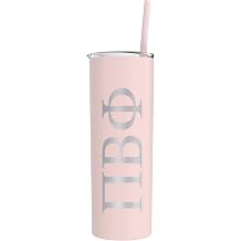 Pi Beta Phi Greek Letter Skinny Tumbler with Straw, Stainless Steel 20 oz Capacity Matte Blush
