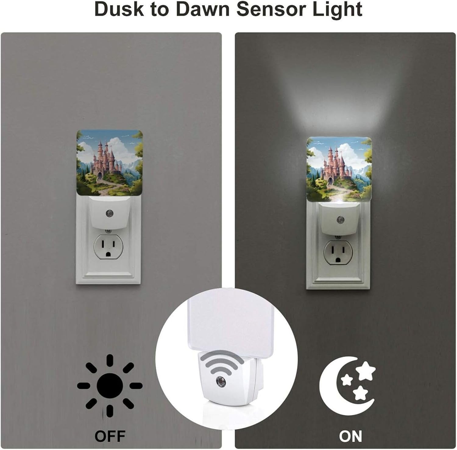 2 Pack Fairy Tale Castle Night Light Plug in Dusk to Dawn Sensor LED Night Lights Plug into Wall Modern Night Lamp with Smart Sensor Automatic Nightlights for Kids Room Bedroom Decor image 3