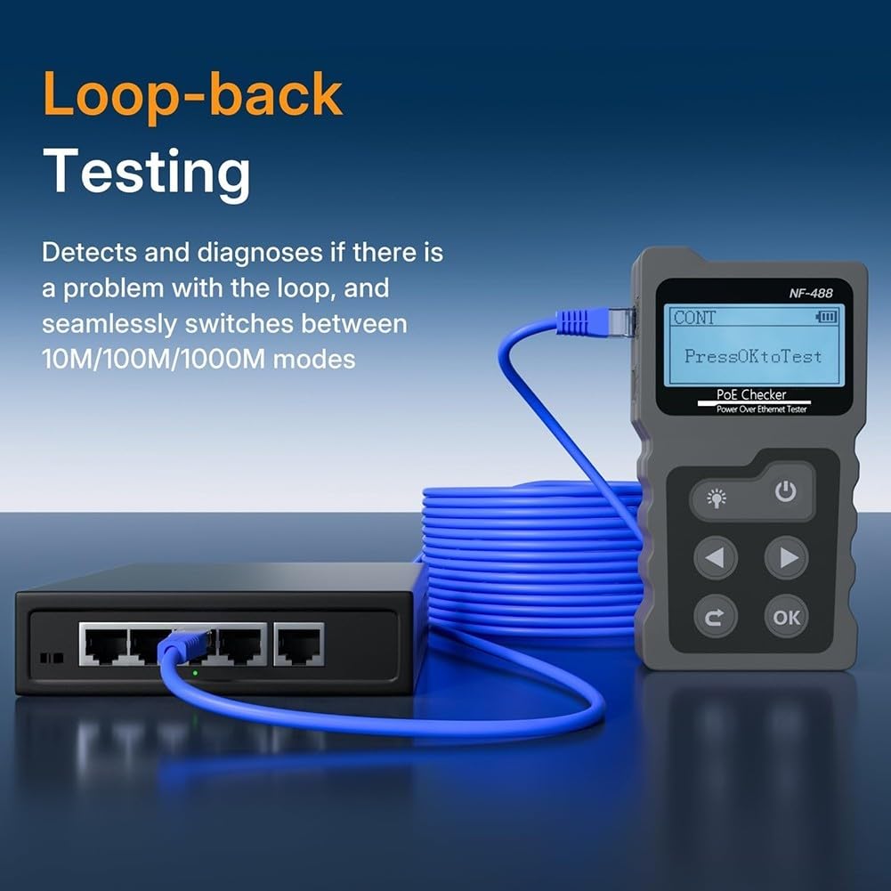 Testeur de câble réseau pour un usage domestique et professionnel avec analyse Poe pour fils Ethernet Cat5e Cat6 Cat6a Gris Design compact avec lumière LED et écran LCD Pochette de transport incluse