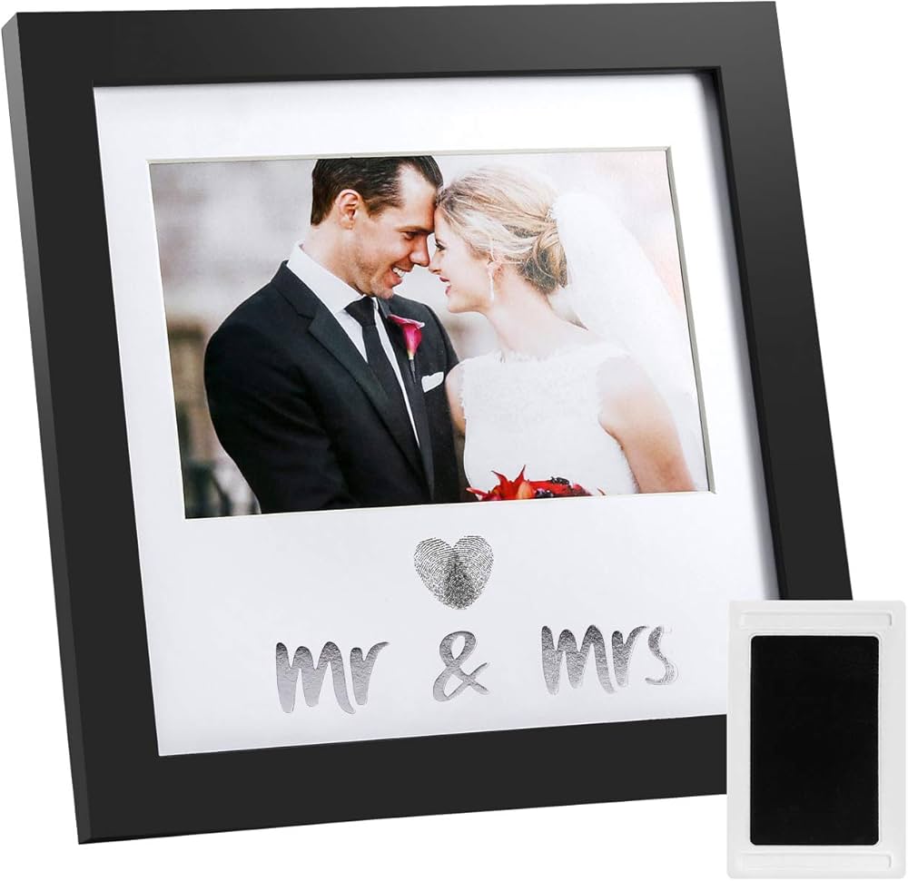 Jinchuan Heart Thumbprint Keepsake Frame and Ink Kit,Wedding Picture Frame Wedding Registry Idea Shower Gift For Bride Newlywed (Black Frame, Silver text)