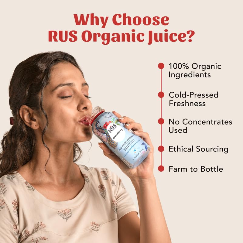 Image of Rus Organic Apple Cranberry Juice | Cranberry & Apple Juice | Natural & Cold-Pressed | Pack of 6 (250ml Each) | Refreshing Sugar Free Drinks | No Preservatives | Rich in Antioxidants