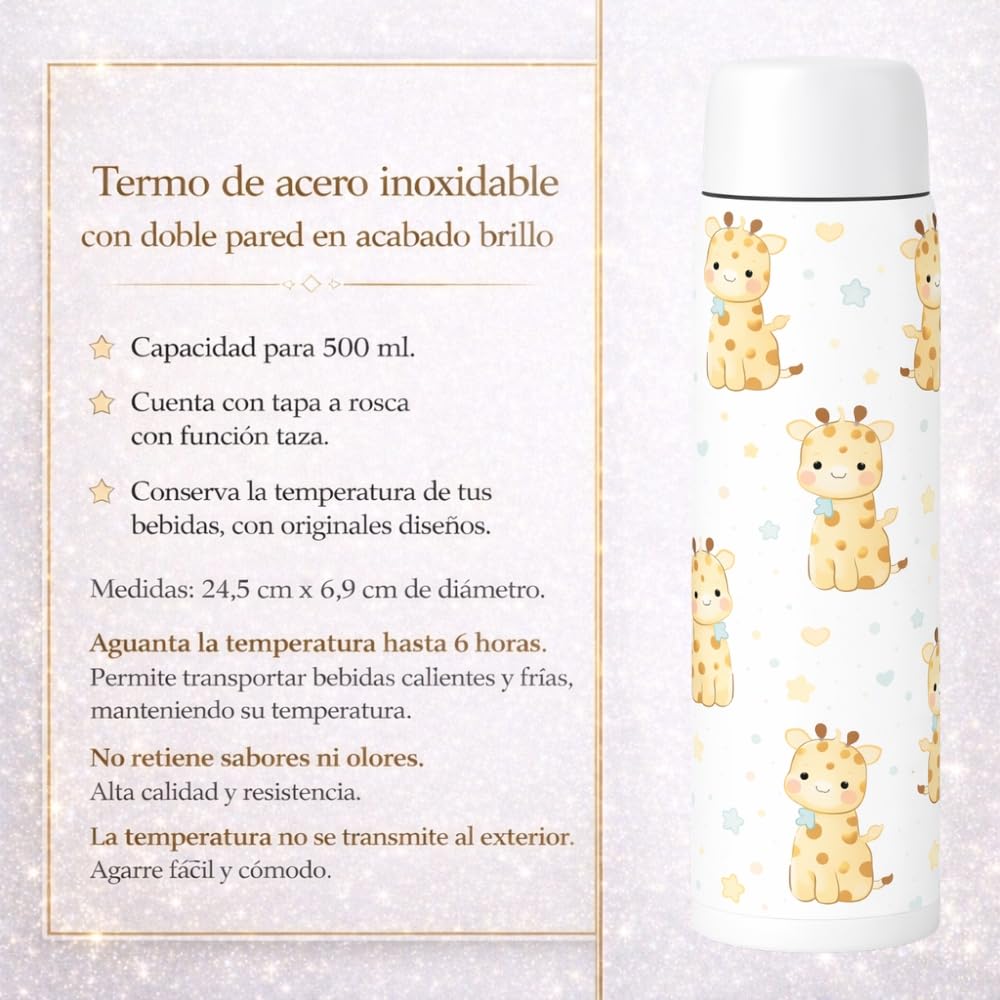Termo para Bebé de Acero Inoxidable, 500 ml, Mantiene Temperatura 6h Calor y 15h Frío, Sistema Antigoteo, Cierre Hermético (Jirafa)