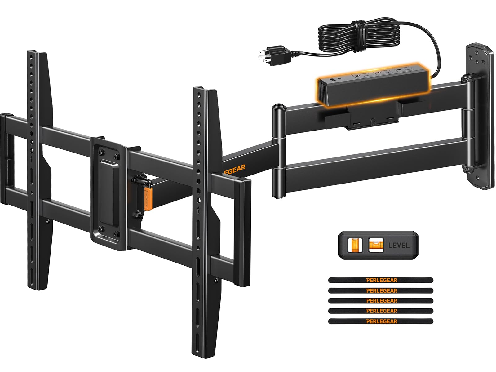 Perlegear Long Arm Full Motion TV Mount with Power Strip for 38–75 inch TVs | Corner tv mount power strip with surge protection, 31.5 inch extension, 100 lbs, swivel, tilt, level, max VESA 600x400mm