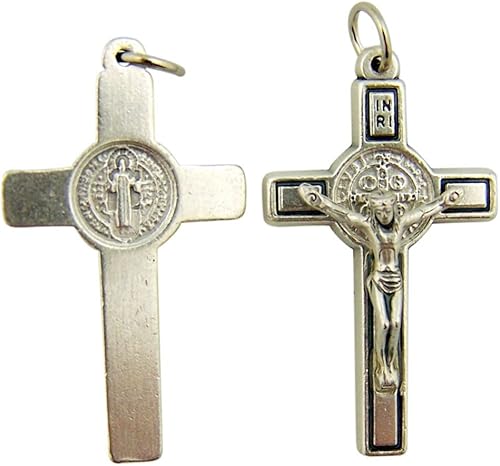 Lumen Mundi San Benito Crucifijo de Plata Oxidada, tamaño pequeño, 34 pulgadas, regalo católico pequeño