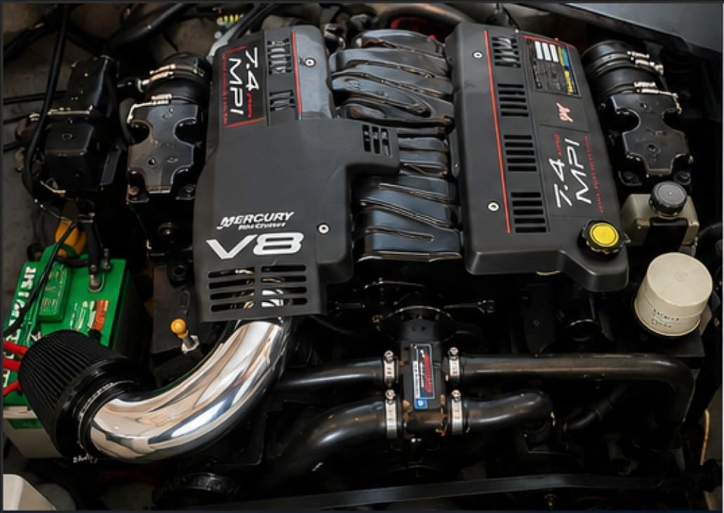 Performance Marine Cold Air Intake Kit for MerCruiser 7.4 MPI / 454 Engines | Mandrel-Bent 4” Intake with Marine Flame Arrestor Filter | Improved Throttle Response & Engine Sound